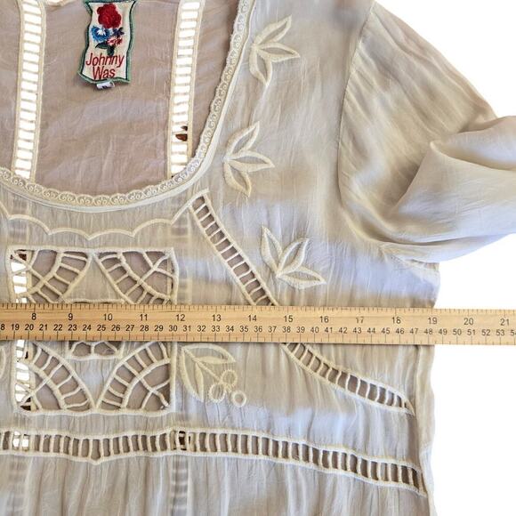Johnny Was Women Ivory Sheer Floral Embroidered Dress S Boho Silky Peasant Fairy - Picture 11 of 12
